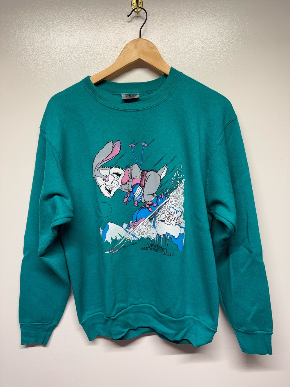 vintage Teal Ski Bunny Graphic Crewneck Sweatshirt